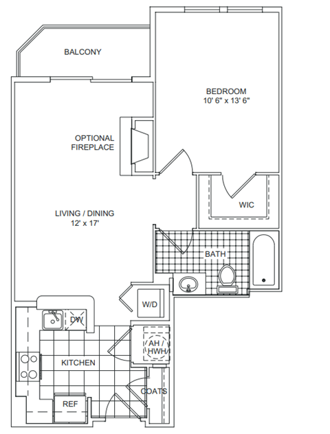 Floor plan for 1 bed, 1 bath, 679 sqft